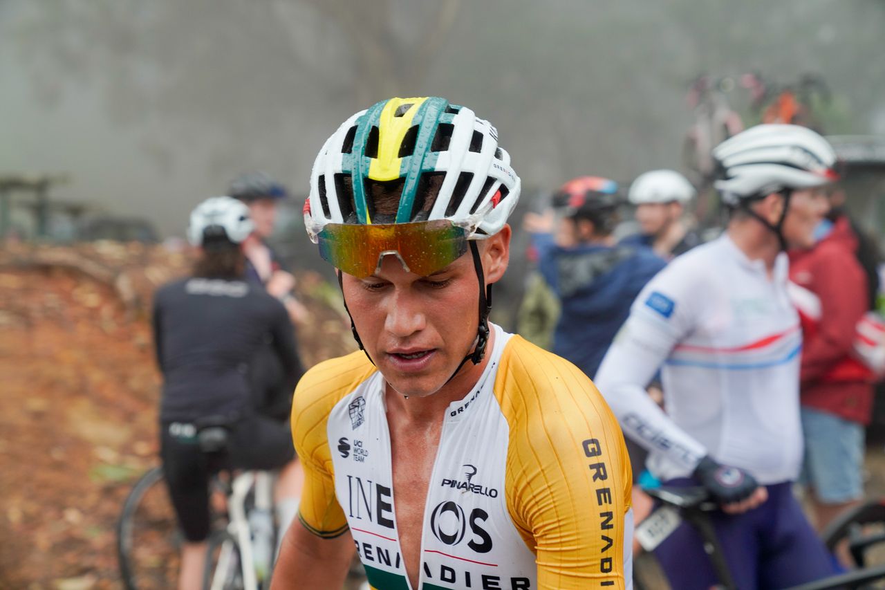 Luke Plapp (Ineos Grenadiers) after setting the fastest time on the Tawonga Gap climb on stage 1 of the Beechworth Brewery Tour of Bright 2023 stage 1