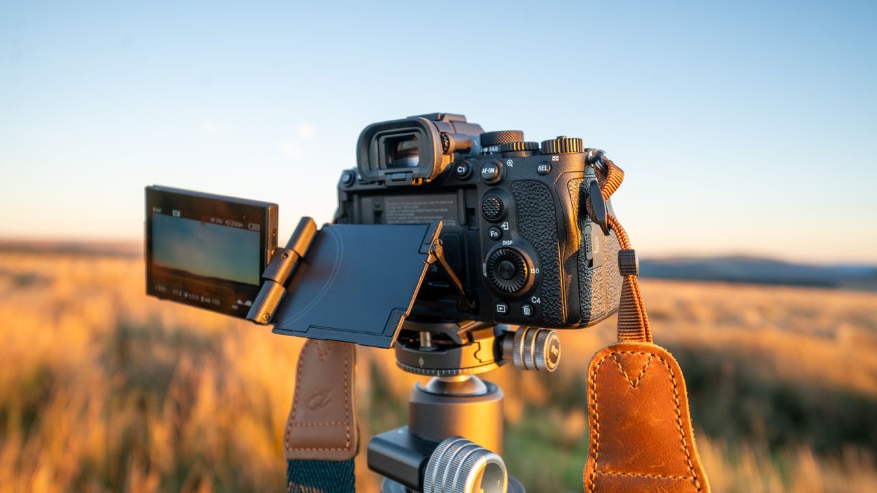 Sony A7R V on a tripod with the screen flipped out