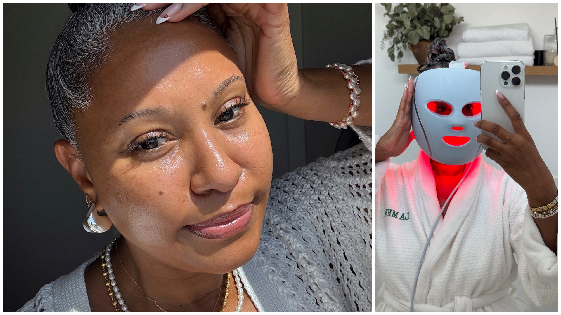 Collage of Tennille Jenkins taking a selfie and wearing a red light therapy mask.