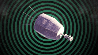 An illustration of the Relay 2 NASA spacecraft emitting a radio signal