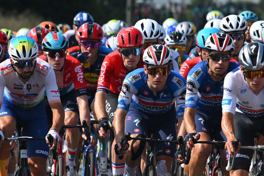 NIMES FRANCE JULY 16 LR Anthony Turgis of France and Team TotalEnergies Arnaud Demare of France and Team Arkea BB Hotels Ilan Van Wilder of Belgium and Mikel Landa of Spain and Team Soudal QuickStep compete during the 111th Tour de France 2024 Stage 16 a 1886km stage from Gruissan to Nimes UCIWT on July 16 2024 in Nimes France Photo by Dario BelingheriGetty Images