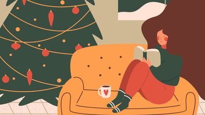 Illustration of woman reading by Christmas tree