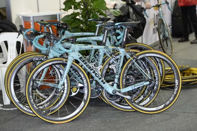 The celeste Bianchi bikes await the LottoNL-Jumbo riders