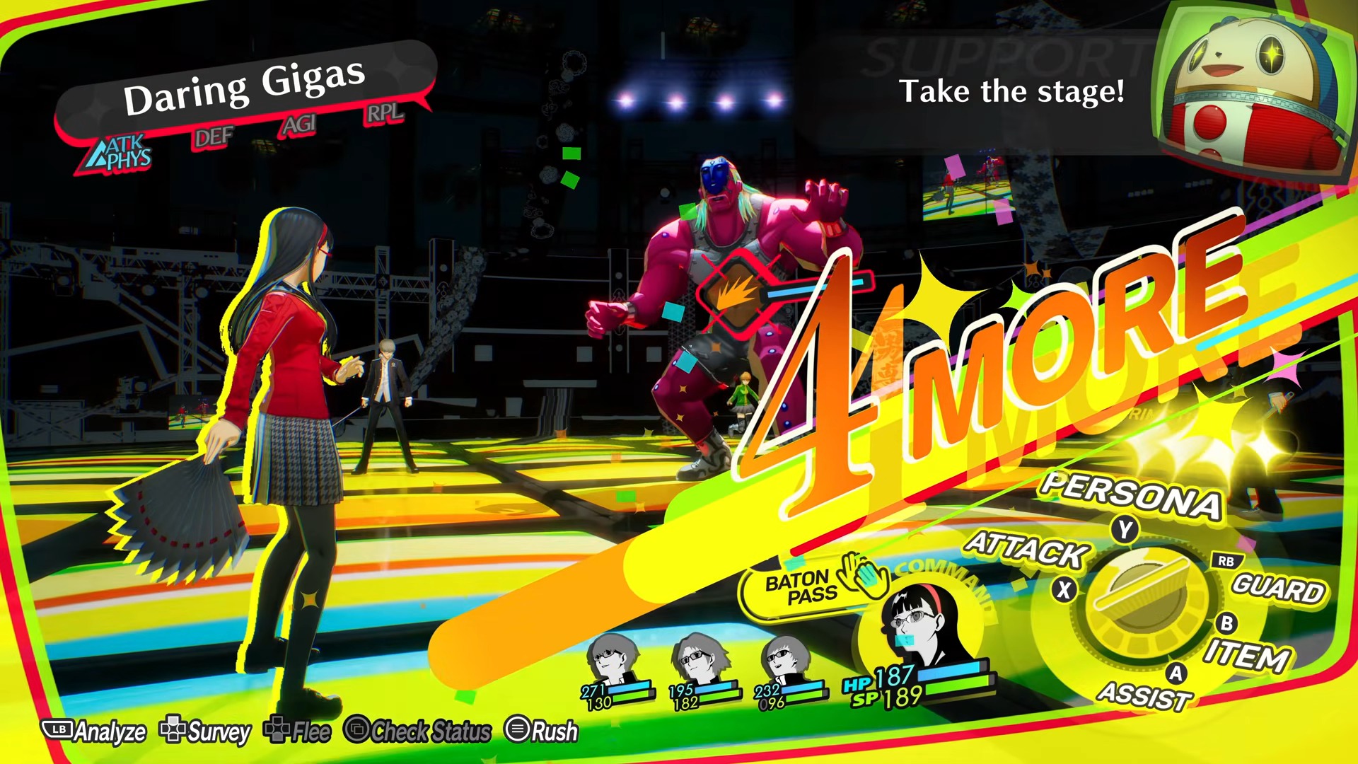 A vibrant video game battle scene from Persona 4, showing a character in a red outfit facing a large, muscular foe named Daring Gigas.