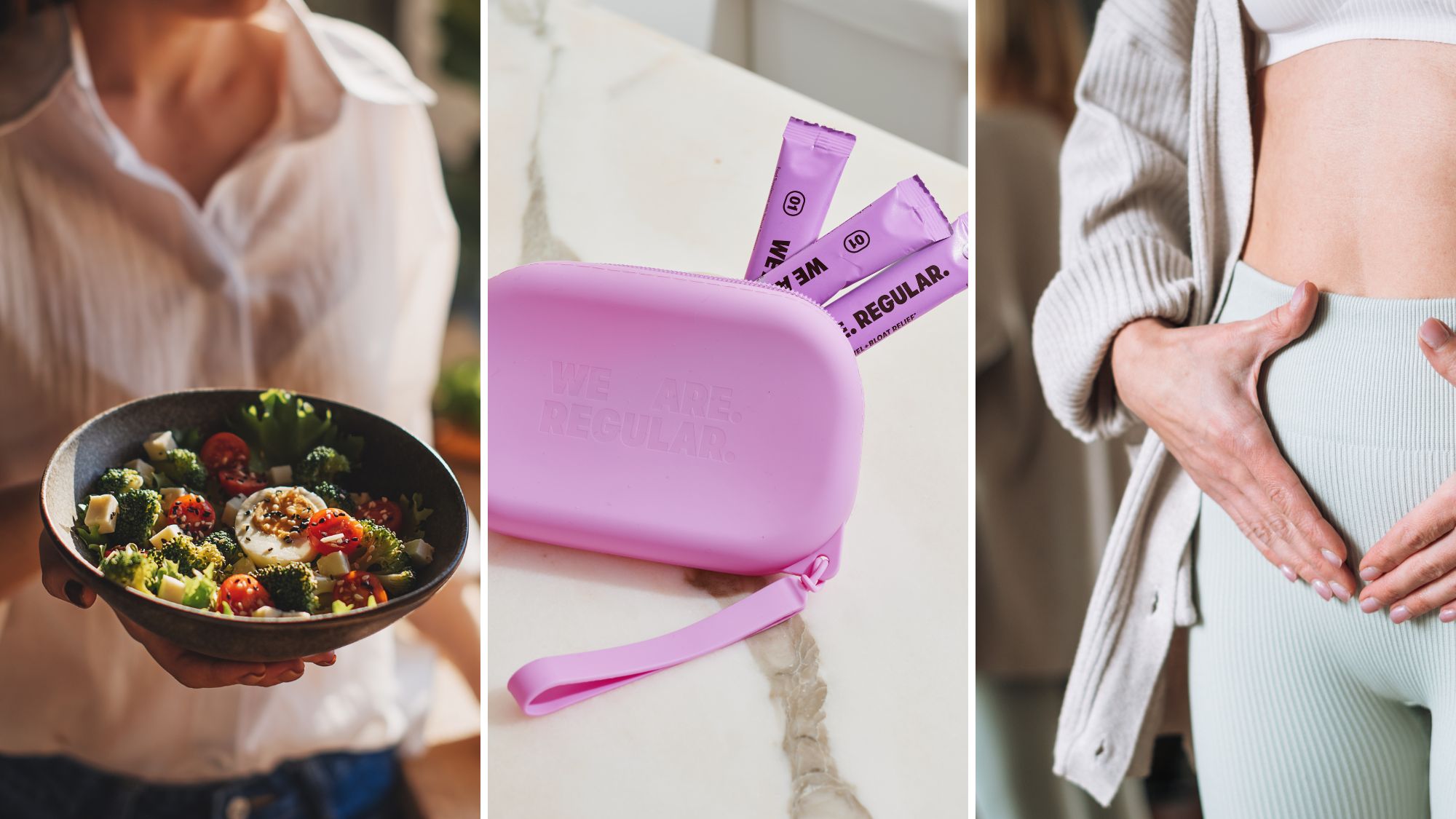 composite of a healthy bowl of food, WE ARE. REGULAR supplement sachets, and a bloated woman holding her stomach