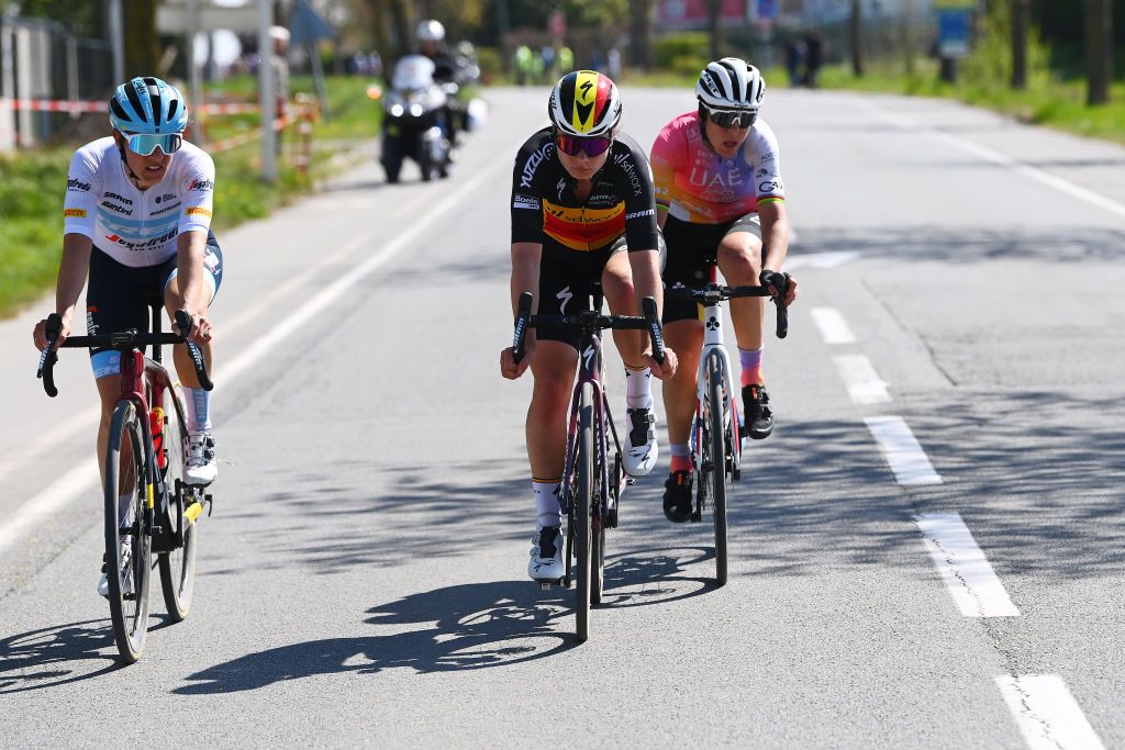 ROUBAIX FRANCE APRIL 16 LR Lucinda Brand of Netherlands and Team Trek Segafredo Lotte Kopecky of Belgium and Team SD Worx and Marta Bastianelli of Italy and UAE Team Adq compete in the breakaway during the 2nd ParisRoubaix 2022 Womens Elite a 1247km one day race from Denain to Roubaix ParisRoubaixFemmes ParisRoubaix on April 16 2022 in Roubaix France Photo by Tim de WaeleGetty Images