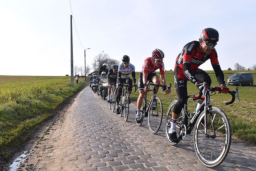 Greg Van Avermaet (BMC) takes a turn on the front of the breakaway at Omloop Het Nieuwsblad