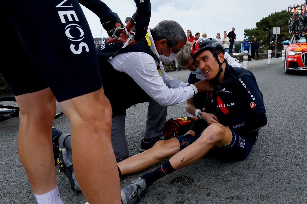 TOPSHOT Team Ineos Grenadiers Geraint Thomas of Great Britain sits on the road after crashing during the 3rd stage of the 108th edition of the Tour de France cycling race 182 km between Lorient and Pontivy on June 28 2021 Photo by Thomas SAMSON AFP Photo by THOMAS SAMSONAFP via Getty Images