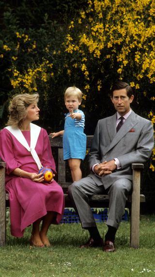 Prince Charles, Prince of Wales and Diana, Princess of Wales, while 6 months pregnant with Prince Harry and wearing a pink sailor style dress with a white collar and pink high heels, sit on a wooden bench that was a wedding present from the Cornwall Crafts Association, during a photocall with their 2 year old son, Prince William in the gardens of their home at Kensington Palace on June 12, 1984 in London, United Kingdom