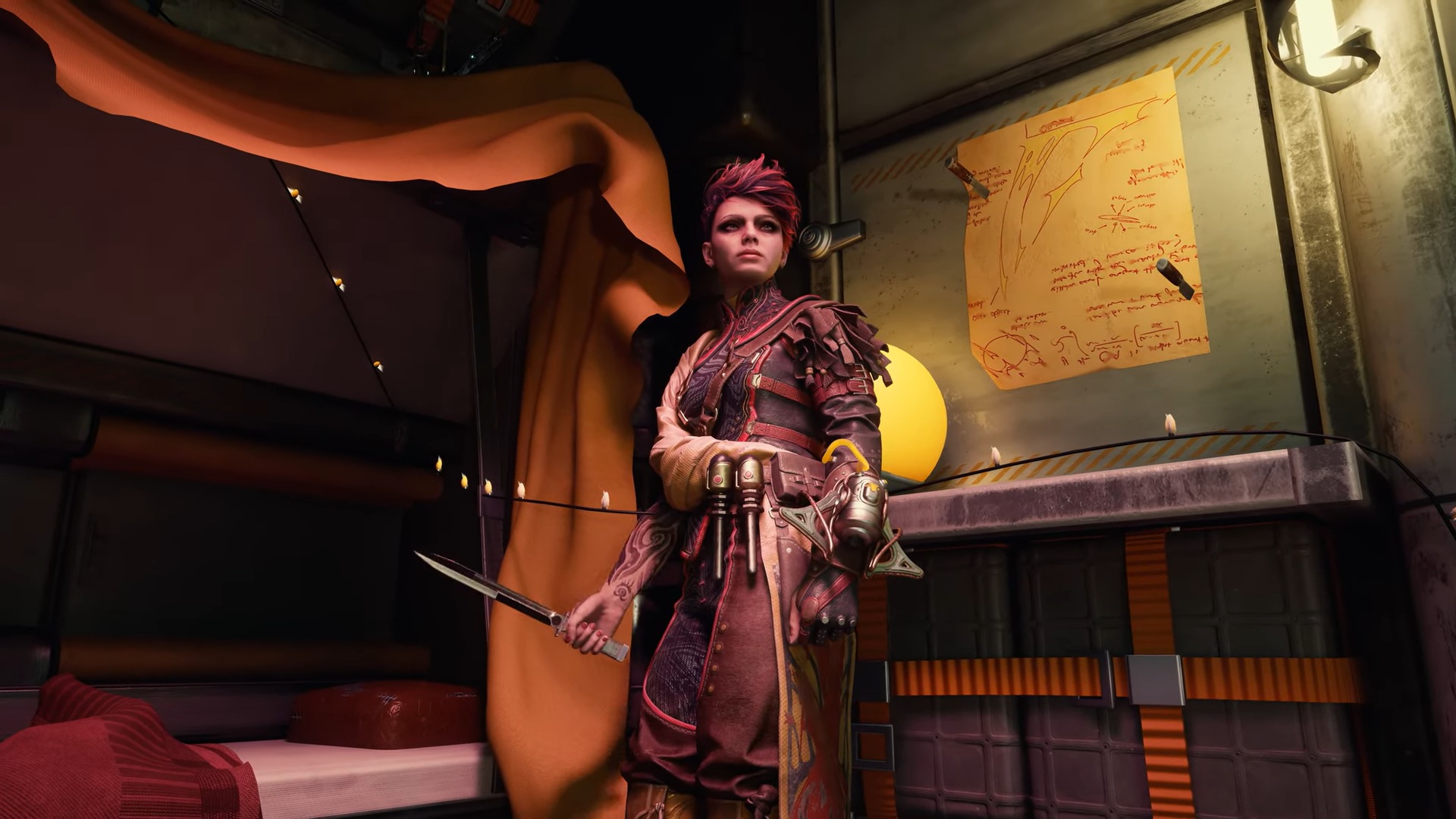 The Outer Worlds 2 screenshot of Aza, a cultist companion with short pink hair who holds a dagger