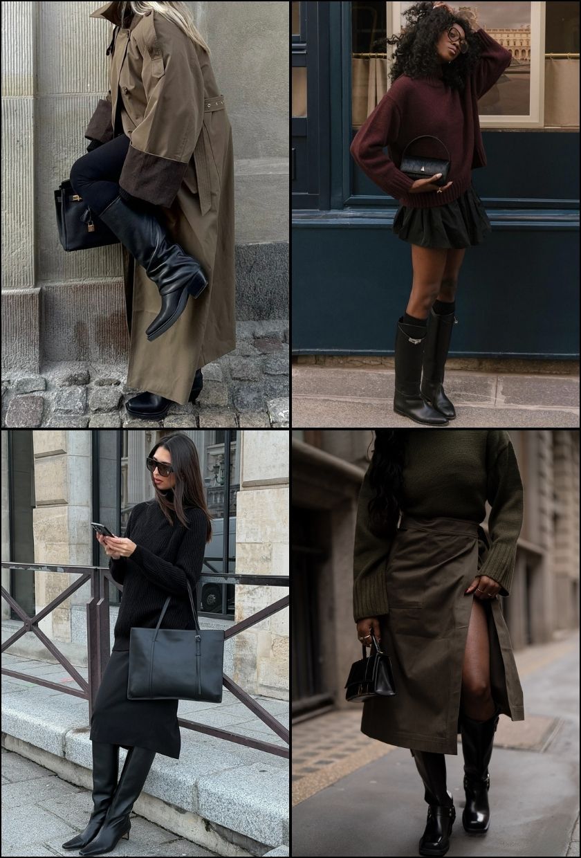 @josefinehj wears black slouchy knee-high boots, @emmanuellek_ wears black riding boots, @salome.mory wears black kitten knee-high boots,, @rabia.cissokho wears black riding boots