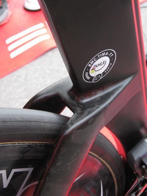 The BMC rear brake bridge with its UCI approved sticker