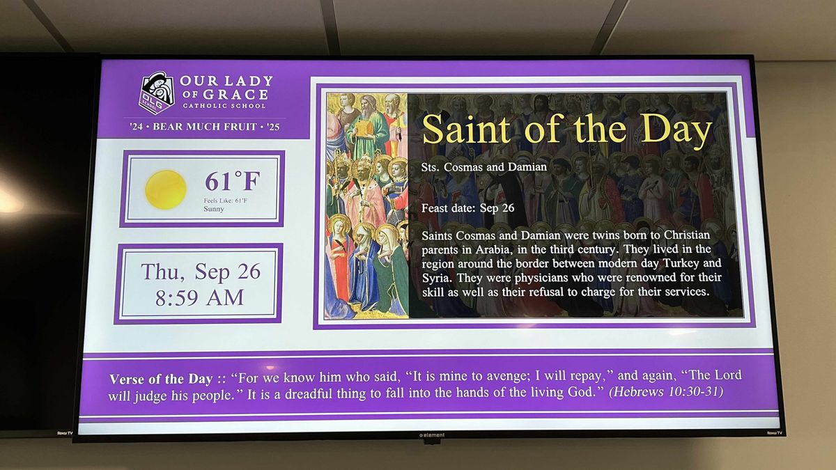 Digital signage at Our Lady of Grace Catholic School, a PreK-8 school serving students in the Edina, Minnesota.