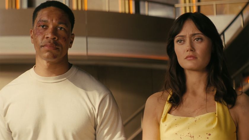 A close up of Maximus and Lucy standing in Robert House's Lucky 38 penthouse in Fallout season 2 episode 8