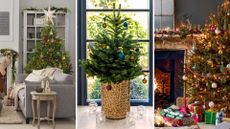 Compilation of three living rooms showing decorated Christmas trees to show how to make a Christmas tree look expensive