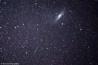 A dazzling green Perseid meteor streaks across the sky with the Andromeda galaxy in the background in this photo captured by photographer Shreenivasan Manievannan near Lake Jocassee, South Carolina during the Aug. 12, 2015 peak of the Perseid meteor showe