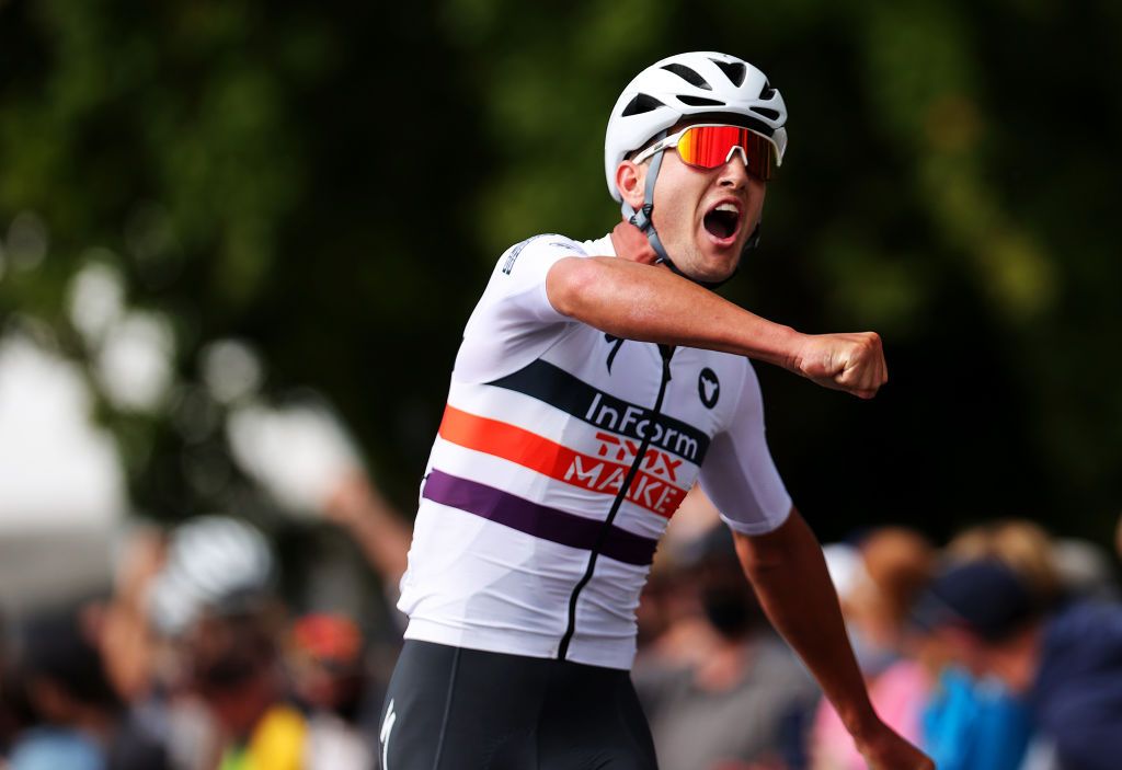 BALLARAT AUSTRALIA JANUARY 15 Blake Quick of Australia celebrates at finish line as race winner during the Australian Cycling National Championships 2022 Mens U23 Road Race a 1392km race from Ballarat to Ballarat AusCyclingAus on January 15 2022 in Ballarat Australia Photo by Con ChronisGetty Images
