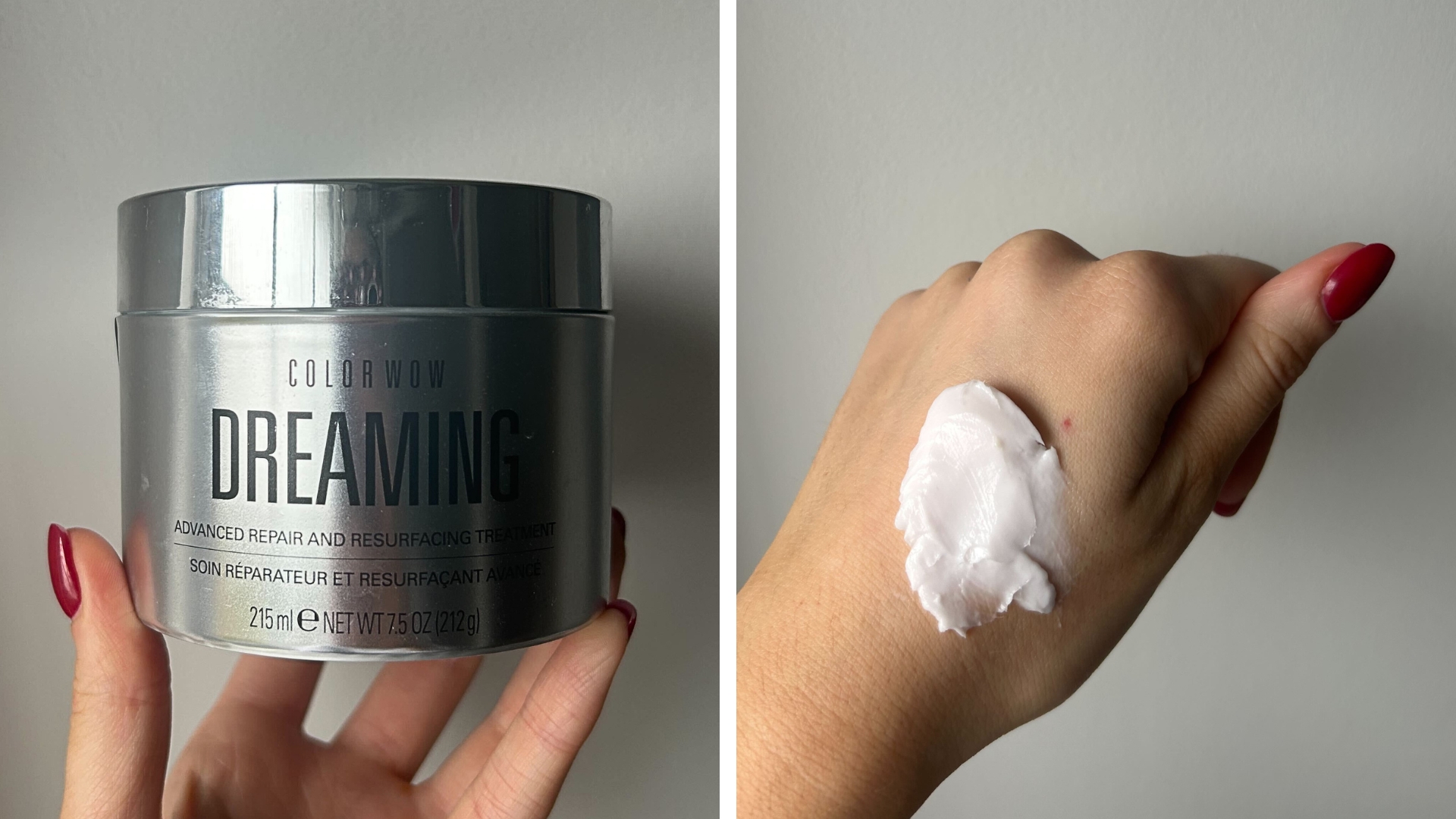 On the left, hand holding the Color Wow Dreaming Advance Repair and Resurfacing Treatment, and on the right a swatch of the Color Wow Dreaming Advance Repair and Resurfacing Treatment on the back of a hand