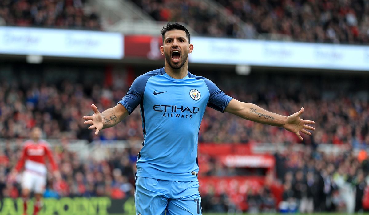Sergio Aguero celebrates after scoring for Manchester City against Middlesbrough in the 2016/17 FA Cup quarter-finals