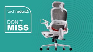 The Sihoo B100 office chair on a green background next to a Techradar badge reading 'Don't Miss'