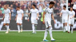 Rodrigo Moreno and his Leeds team-mates look dejected after conceding in their 3-1 loss at West Ham in May 2023.