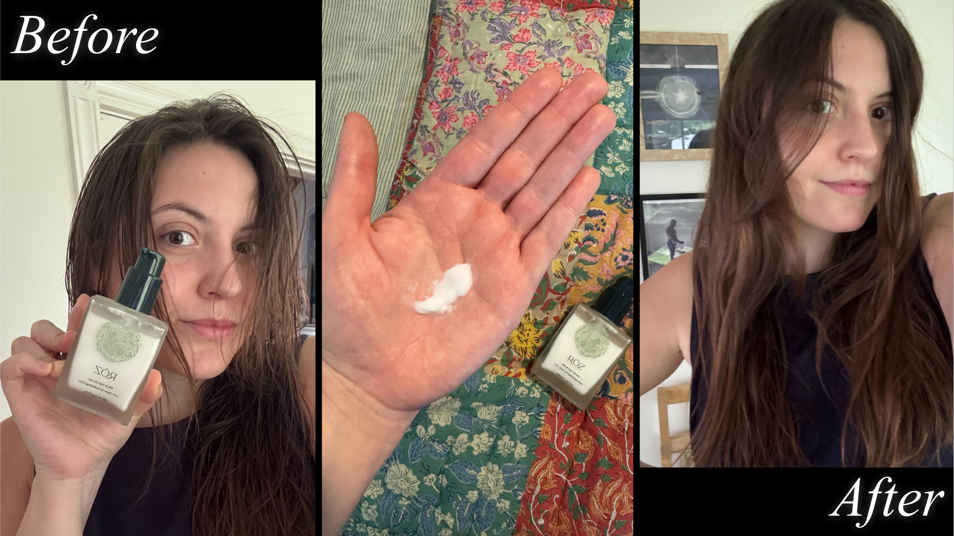 Sophia Vilensky before and after Roz Milk Hair Serum, plus product texture