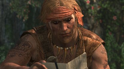 Best Assassin's Creed protagonists: Edward reading a map on a beach during Assassin's Creed Black Flag. 