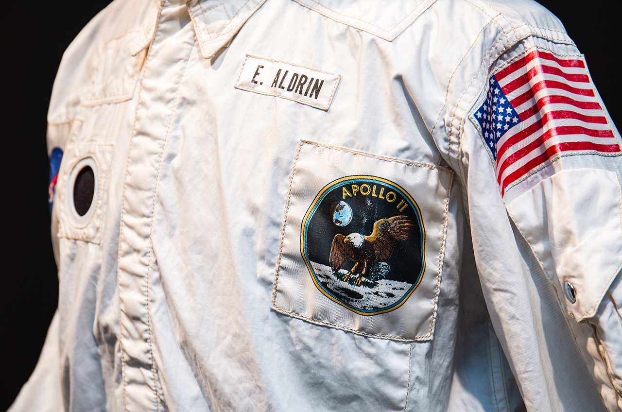 Detail shot of the inflight coverall jacket that astronaut Buzz Aldrin wore on the Apollo 11 mission. The jacket now holds the record for the single most expensive space artifact sold at auction, selling for $2.8 million at Sotheby&#039;s in New York on July 26, 2022.