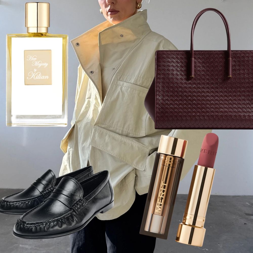 Collage of editor's spring wish list picks from Parfois, Space NK, Fuchsia Shaw, Bottega Veneta, Merit, and Reformation 