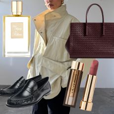 Collage of editor's spring wish list picks from Parfois, Space NK, Fuchsia Shaw, Bottega Veneta, Merit, and Reformation 