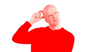 A man scratching his head, stylized in a single red tone