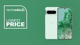 Google Pixel 8 on green background with lowest price text overlay