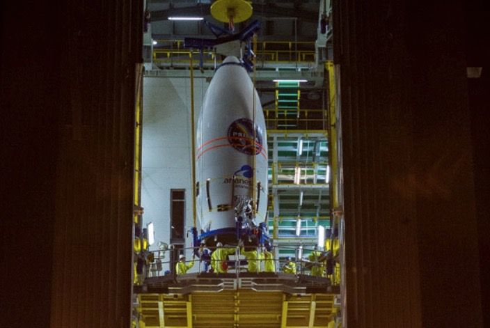 Encapsulated in its protective payload fairing, Italy’s PRISMA satellite is positioned atop its Vega rocket.