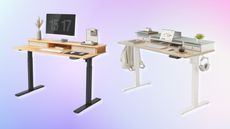Two standing desks on purple background