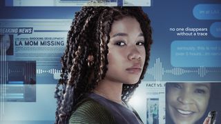 Storm Reid as June, surrounded by messages, and the tag line "no one disappears without a trace" in the poster for Missing