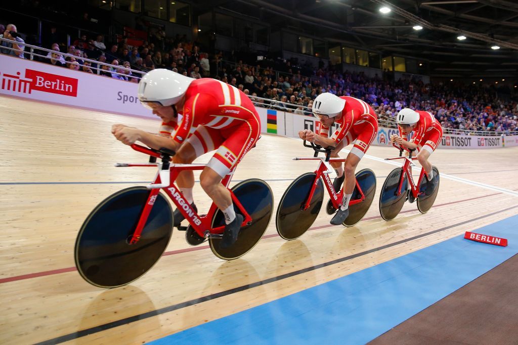 Denmarks team competes in the mens Team Pursuit Finals at the UCI track cycling World Championship at the velodrome in Berlin on February 27 2020 Photo by Odd ANDERSEN AFP Photo by ODD ANDERSENAFP via Getty Images
