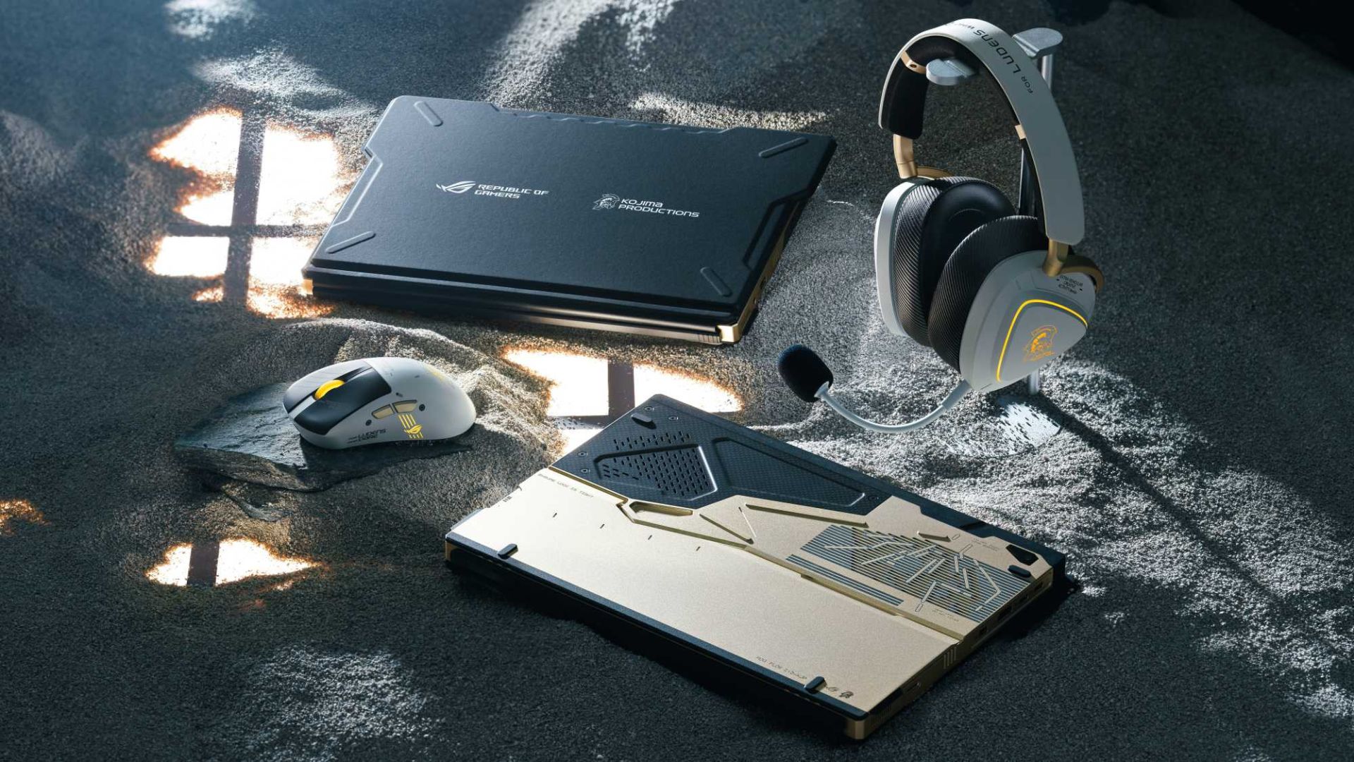 Asus x Kojima Productions gaming gear  on a rock