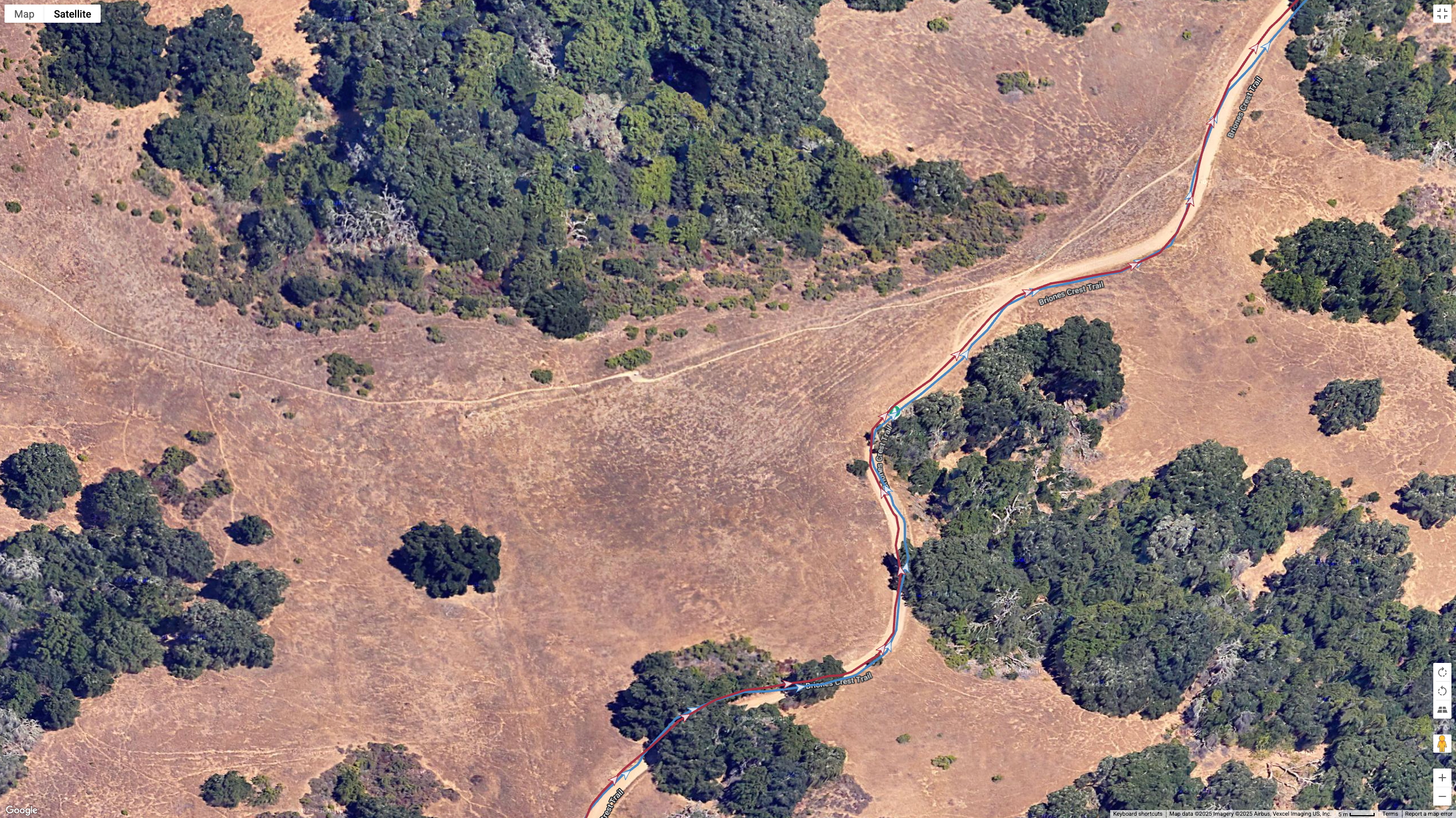 A Google satellite map showing how the Garmin Venu X1's all-systems GNSS line (blue) compares to the Garmin Forerunner 970's dual-frequency GPS line (red) for accuracy during a hike with plenty of tree cover.