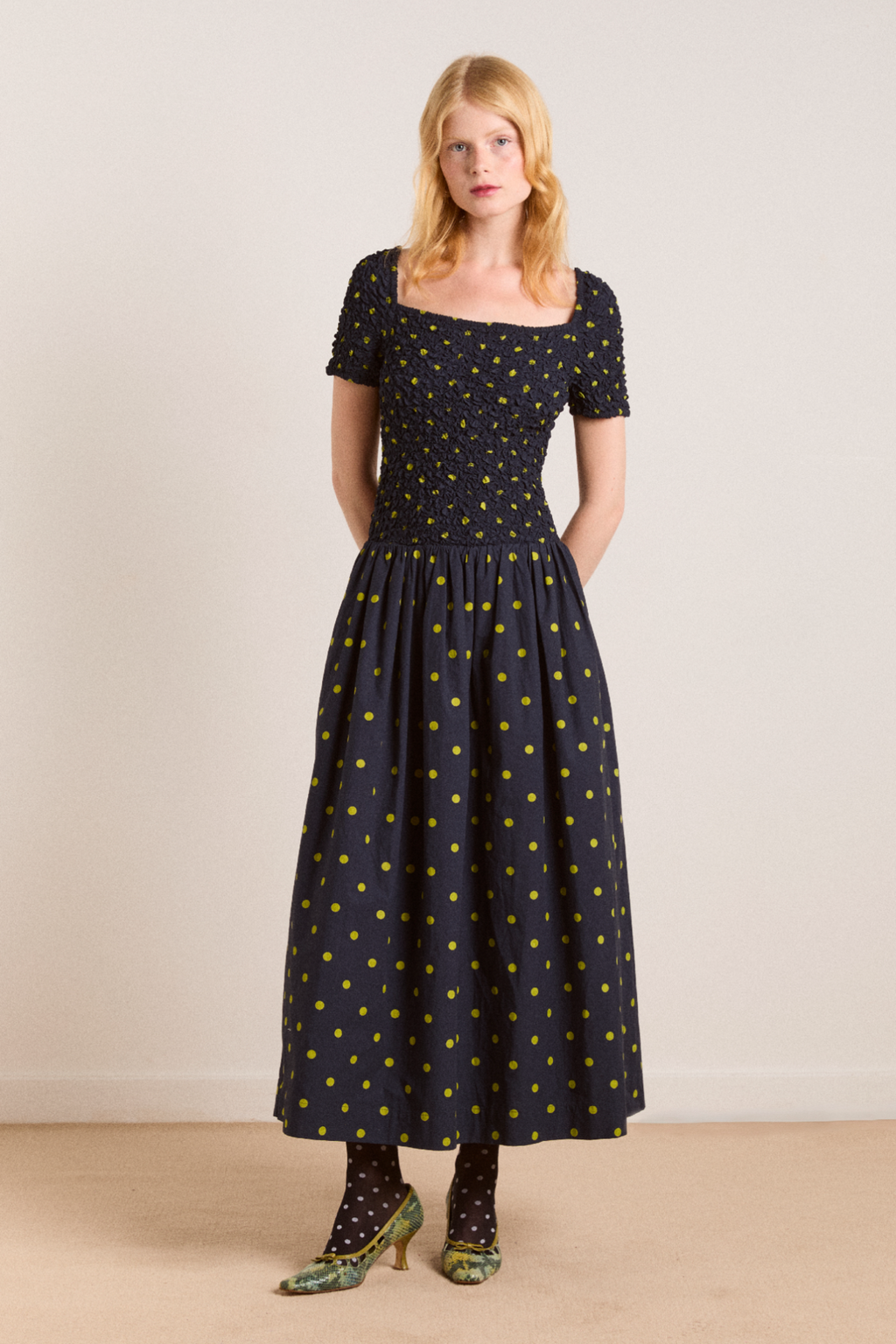 Malinda Super Smocked Midi Dress - Navy Olive Spot