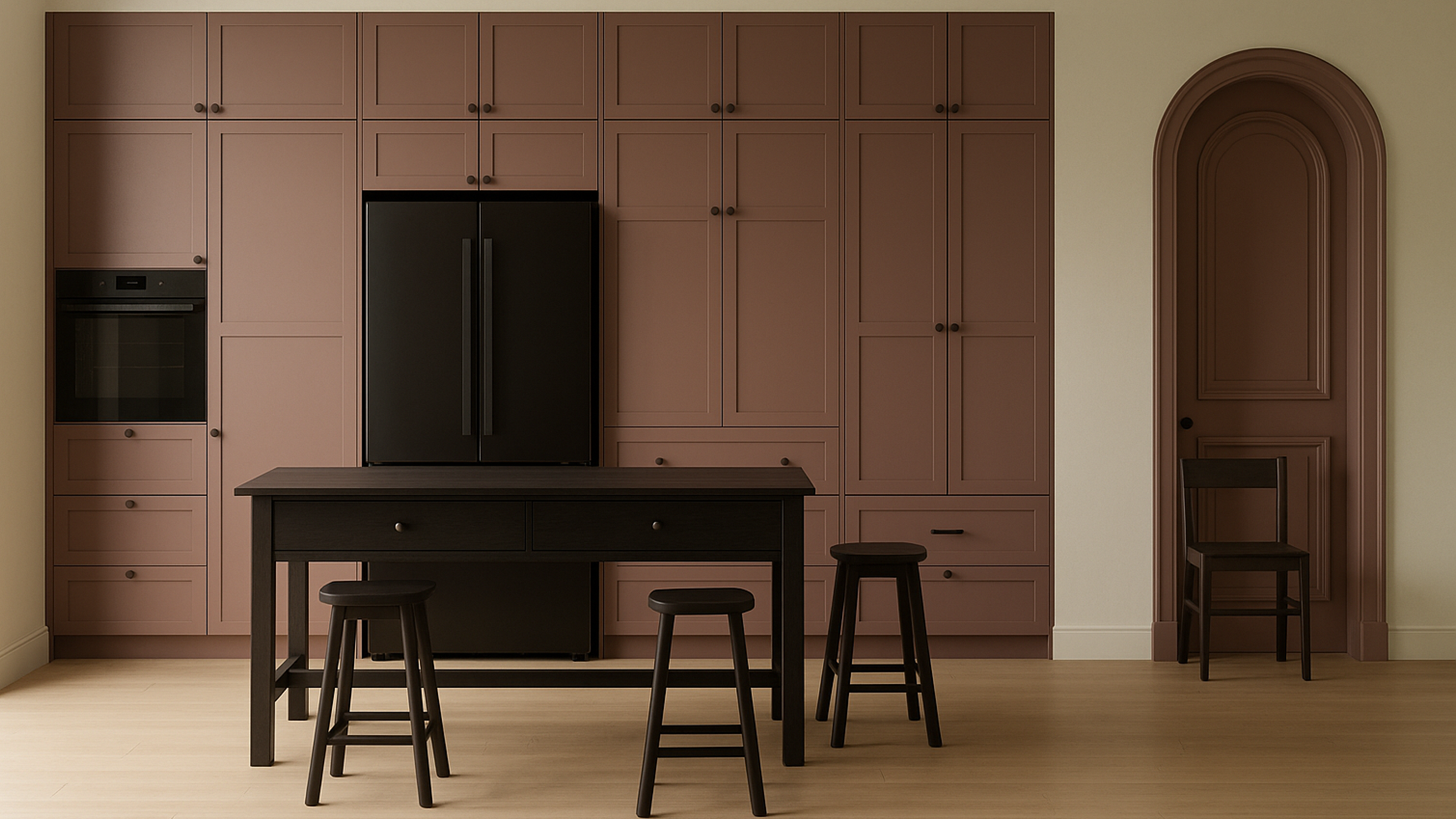 render of a kitchen with pink cabinets and arched door
