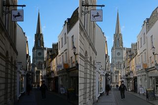 A compilation of the same photo of a street scene in Bath, U.K. On the left is a darker image while on the right the image has been brightened in post production software.