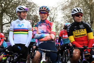 GHENT BELGIUM FEBRUARY 25 LR Annemie Van Vleuten of The Netherlands and Movistar Team Katarzyna Niewiadoma of Poland and Team CanyonSRAM Racing and Kim De Baat of Belgium and Team FenixDeceuninck prior to the 18th Omloop Het Nieuwsblad Elite 2023 Womens Elite a 1322km one day race from Ghent to Ninove OHN23 on February 25 2023 in Ghent Belgium Photo by David StockmanGetty Images