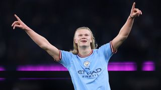 Erling Haaland of Manchester City celebrates after scoring ahead of the Champions League semi-final first leg against Real Madrid