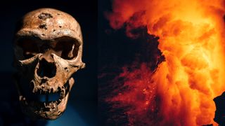 a neanderthal skull on a black background with fire and smoke from a lava flow to the right