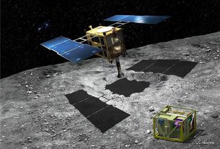 An artist's impression of Japan's Hayabusa2 asteroid sample-return spacecraft with the MASCOT lander at the asteroid 1999 JU3. The mission aims to rendezvous with the asteroid in 2018 and return samples to Earth by 2020.