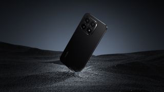 Xiaomi 15T series phone floating above a grey mineral surface
