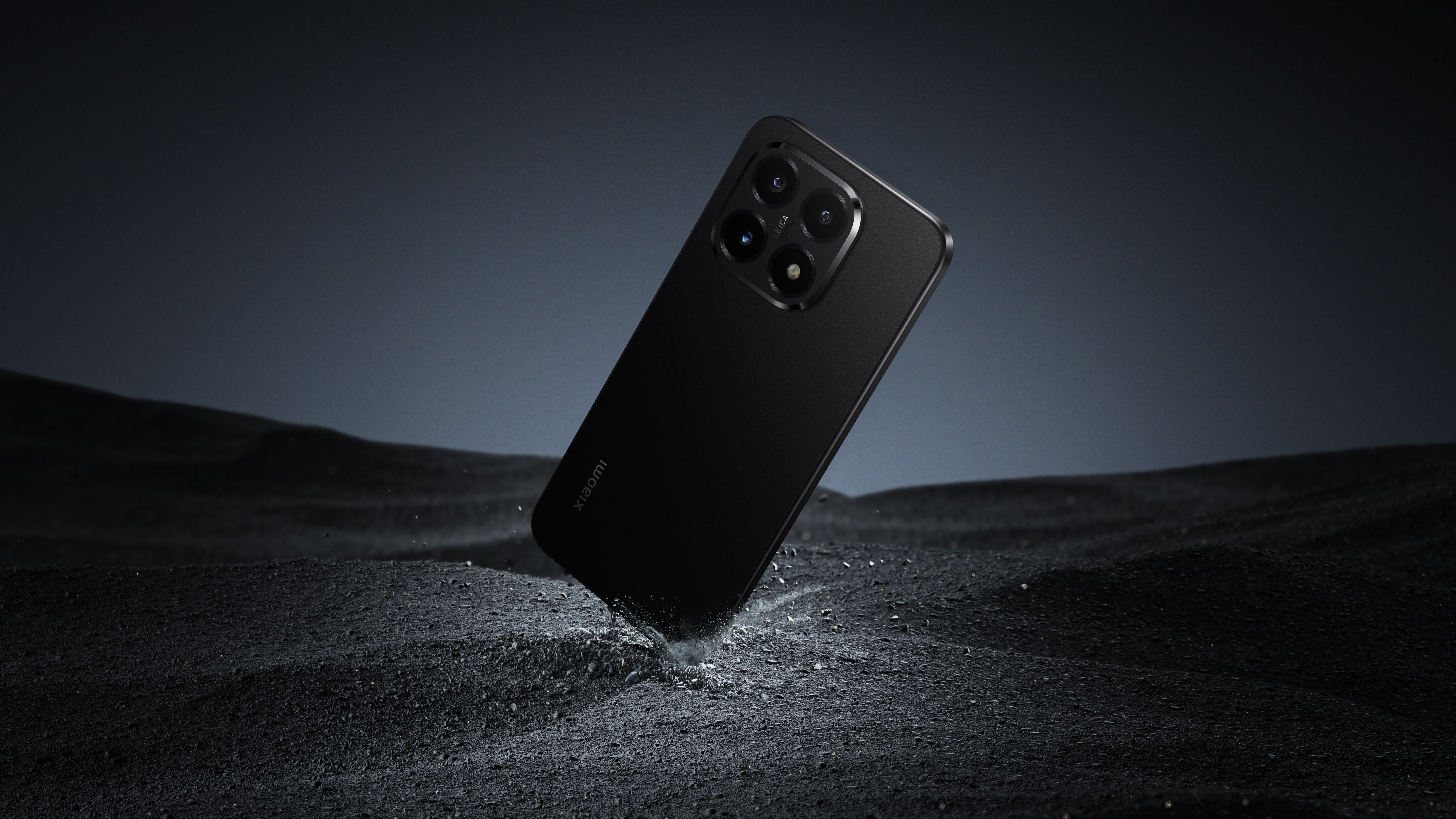 Xiaomi 15T series phone floating above a grey mineral surface 