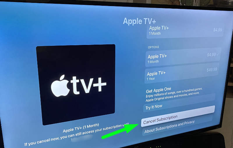 Экран управления подпиской Apple TV Plus