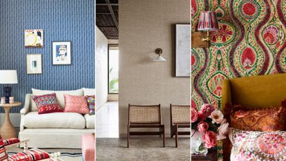 Three examples of different wallpaper trends for 2022 for bedrooms and living rooms