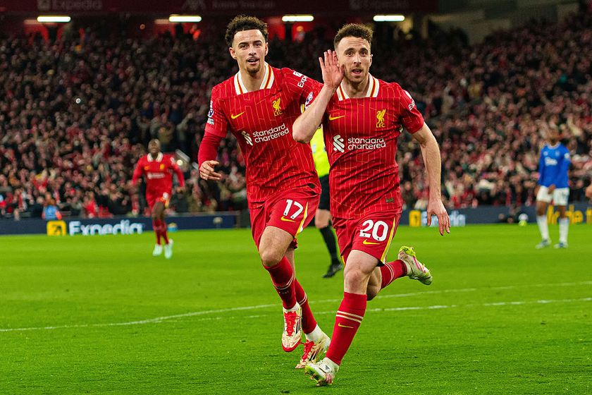 Liverpool&#039;s Diogo Jota celebrates after scoring their first goal during the Premier League match between Liverpool and Everton at Anfield in Liverpool, England, on April 2, 2025. (Photo by Steven Halliwell | MI News/NurPhoto via Getty Images)